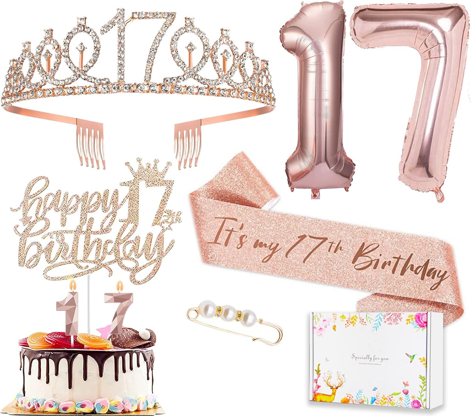 8 decoraciones de cumpleaños número 17 para niñas, incluye adorno para pastel de cumpleaños de 17 años, banda de reina de cumpleaños con alfiler de