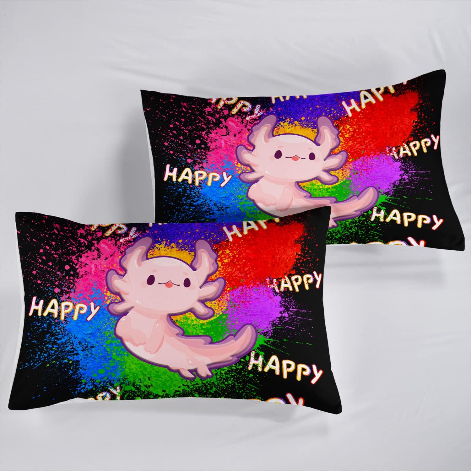 HOSIMA Axolotl – Juego de ropa de cama Kawaii para decoración de dormitorio de niños, fondo de tinta colorido, juego de funda de edredón de 3