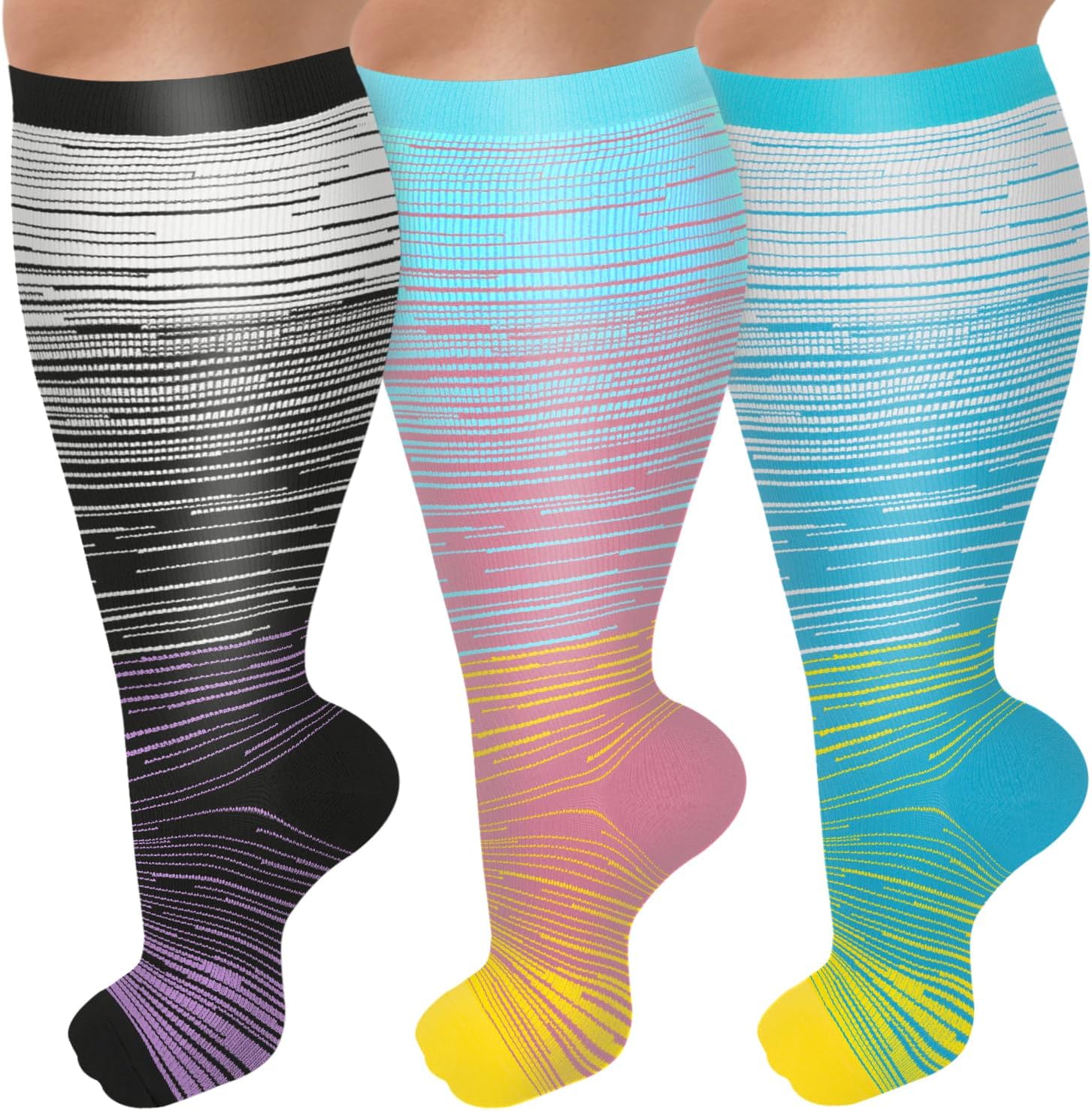 Paquete de 3 calcetines de compresión de talla grande para mujeres y hombres, 15-20 mmHg extra anchos hasta la rodilla para soporte de circulación