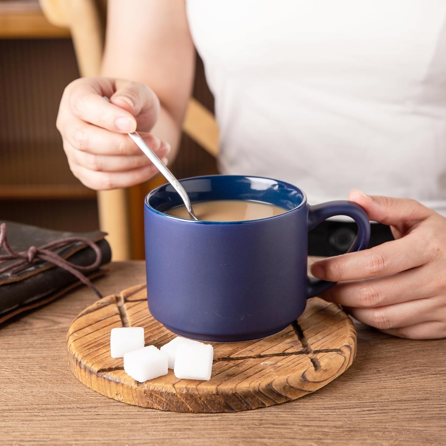 GBHOME Juego de 6 tazas de café de 14 onzas, tazas de cerámica apilables para hombres y mujeres, tazas de café modernas con base estable para café