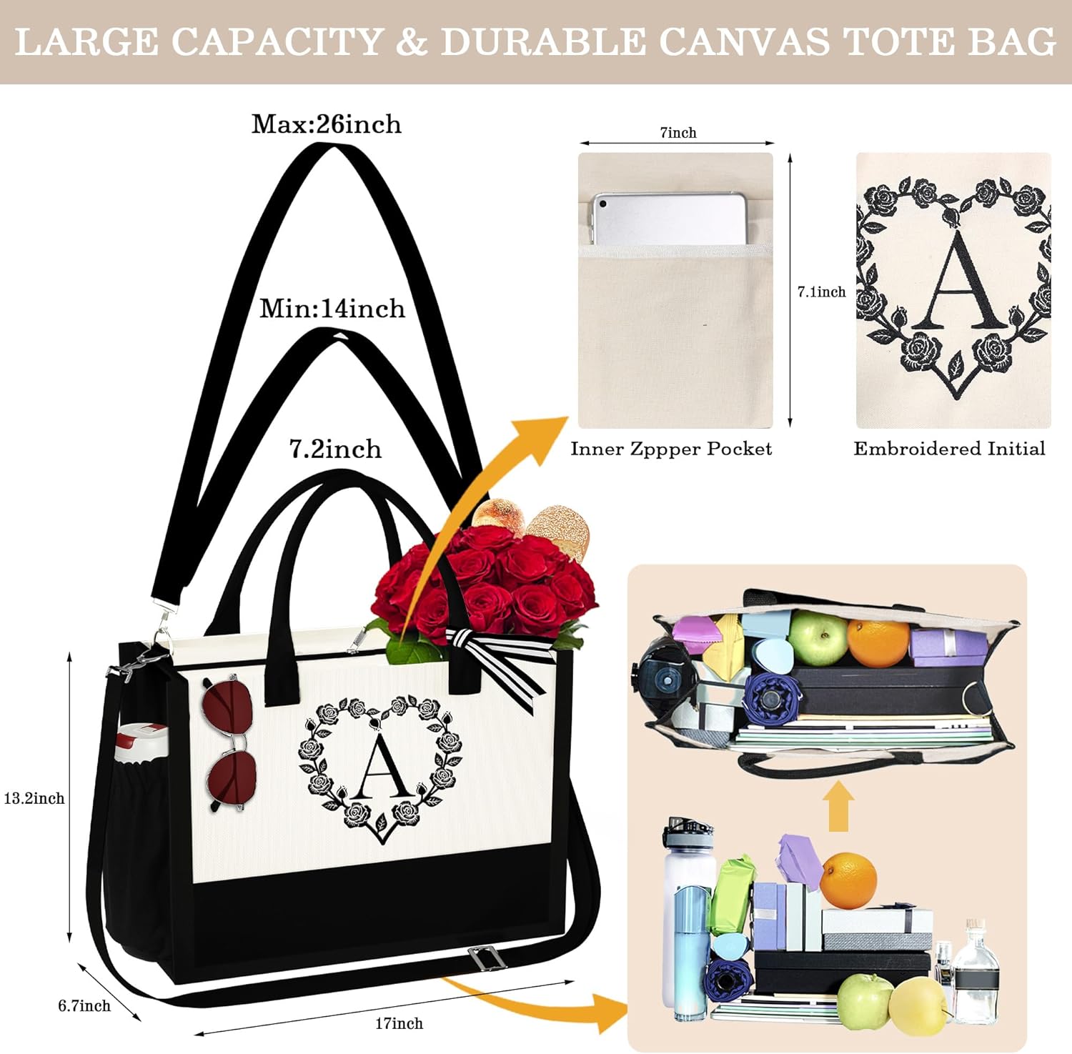 Regalos para mujeres  Bolsa de lona con iniciales para la playa y bolsa de maquillaje, regalos de cumpleaños, regalos de graduación para ella