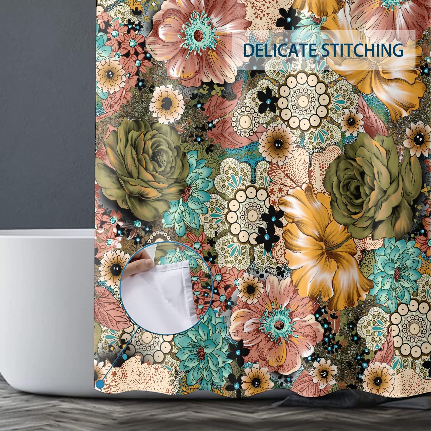 Cortina de ducha con diseño floral bohemio, elegante y bohemio, cortina de ducha de tela impermeable con 12 ganchos, 72 x 72 pulgadas