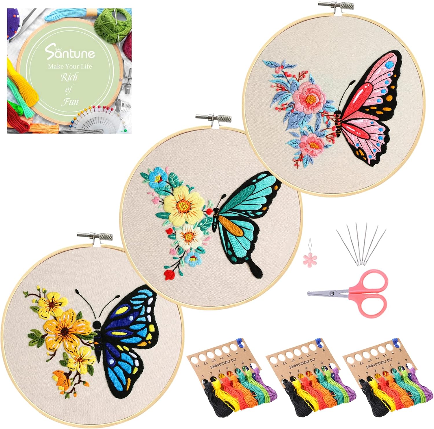 Santune Kit de bordado para principiantes y adultos, kit de punto de cruz para principiantes, bordado a mano con patrones de mariposas e