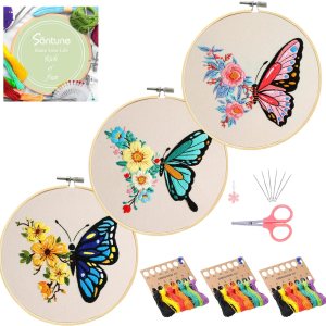 Santune Kit de bordado para principiantes y adultos, kit de punto de cruz para principiantes, bordado a mano con patrones de mariposas e Santune Kit de bordado para principiantes y adultos, kit de punto de cruz para principiantes, bordado a mano con patrones de mariposas e