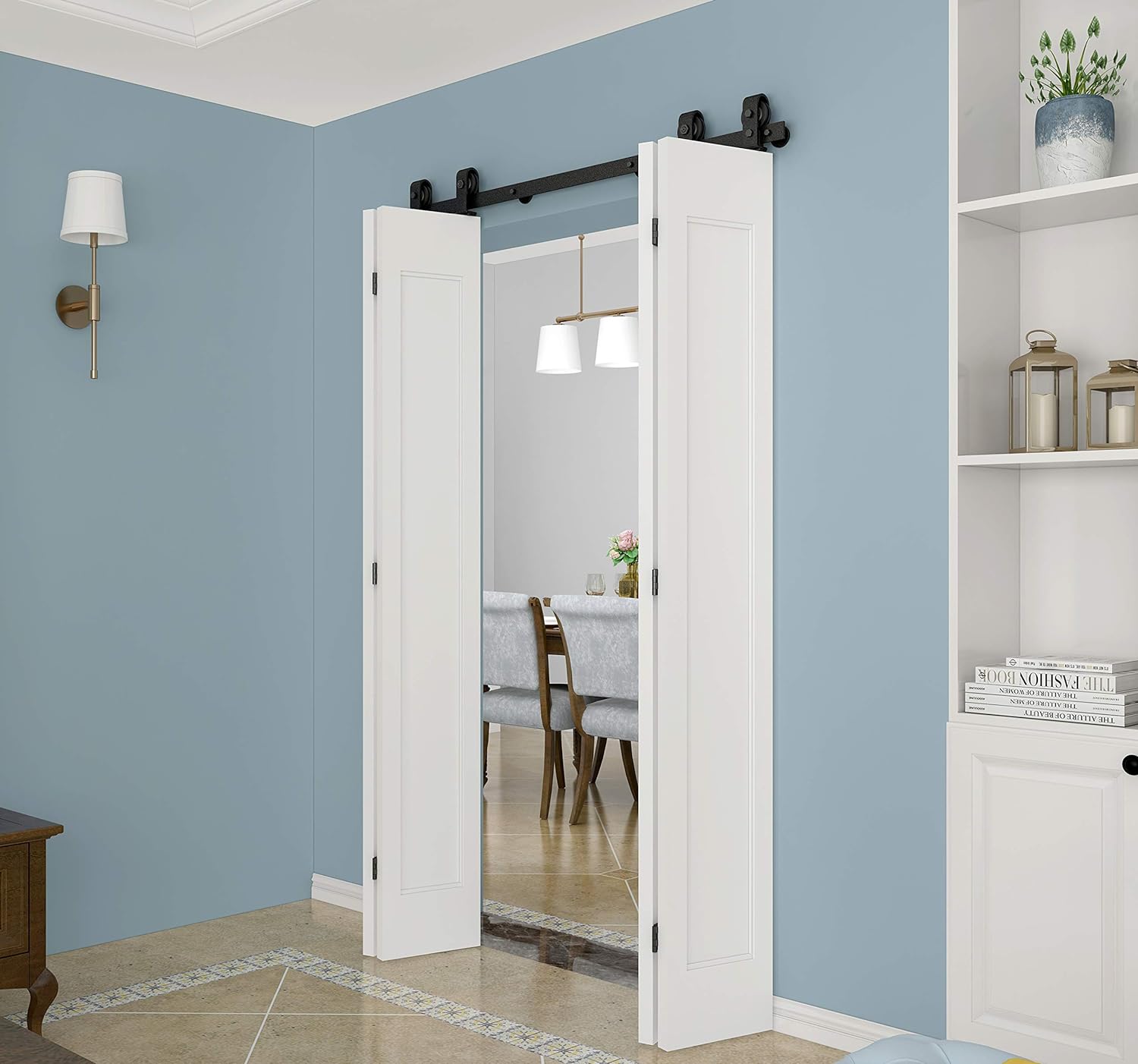 DIYHD Puerta de armario plegable blanca de 67 x 84 pulgadas con 75 “Bi plegable puerta corredera de granero hardware