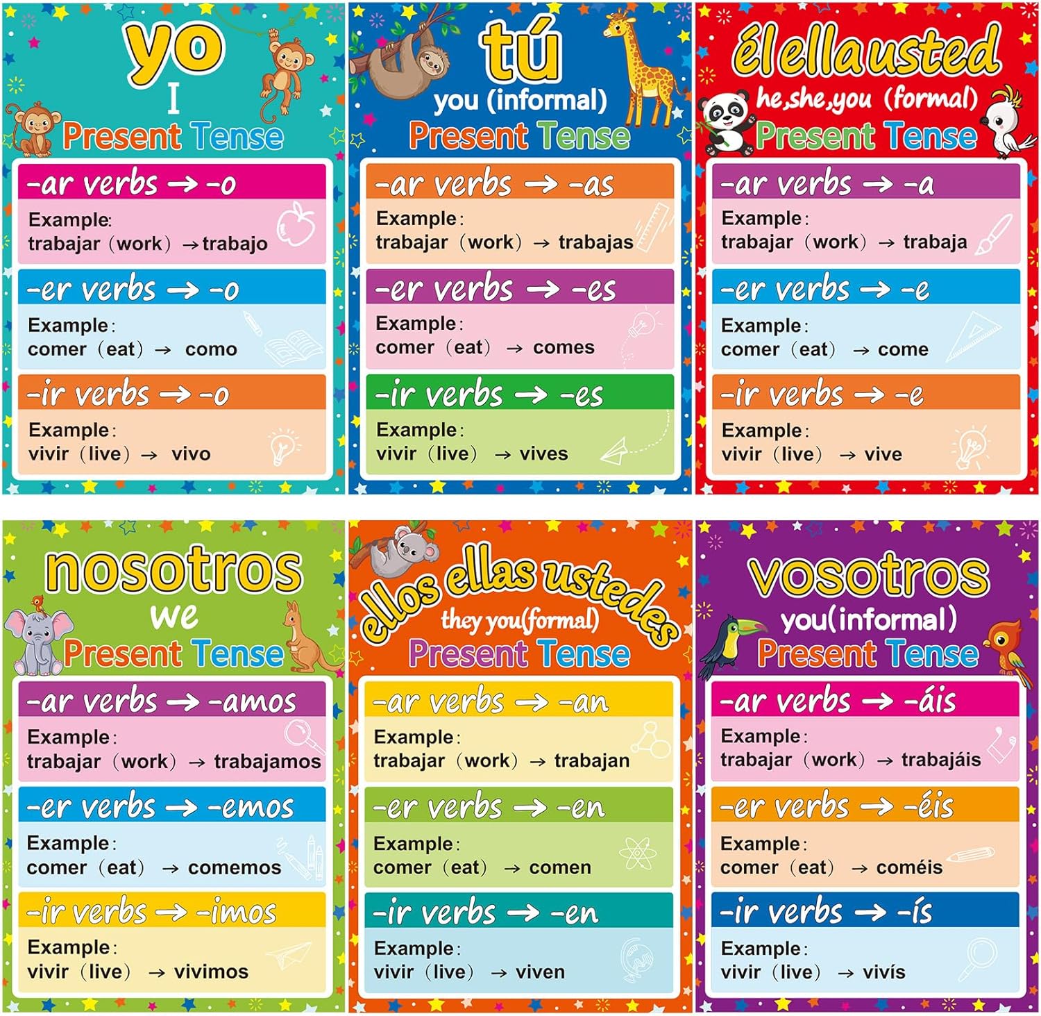 gisgfim 6 pósteres de conjugación de verbos en español, decoración de gramática española de color para decoración de aula de escuela primaria, media