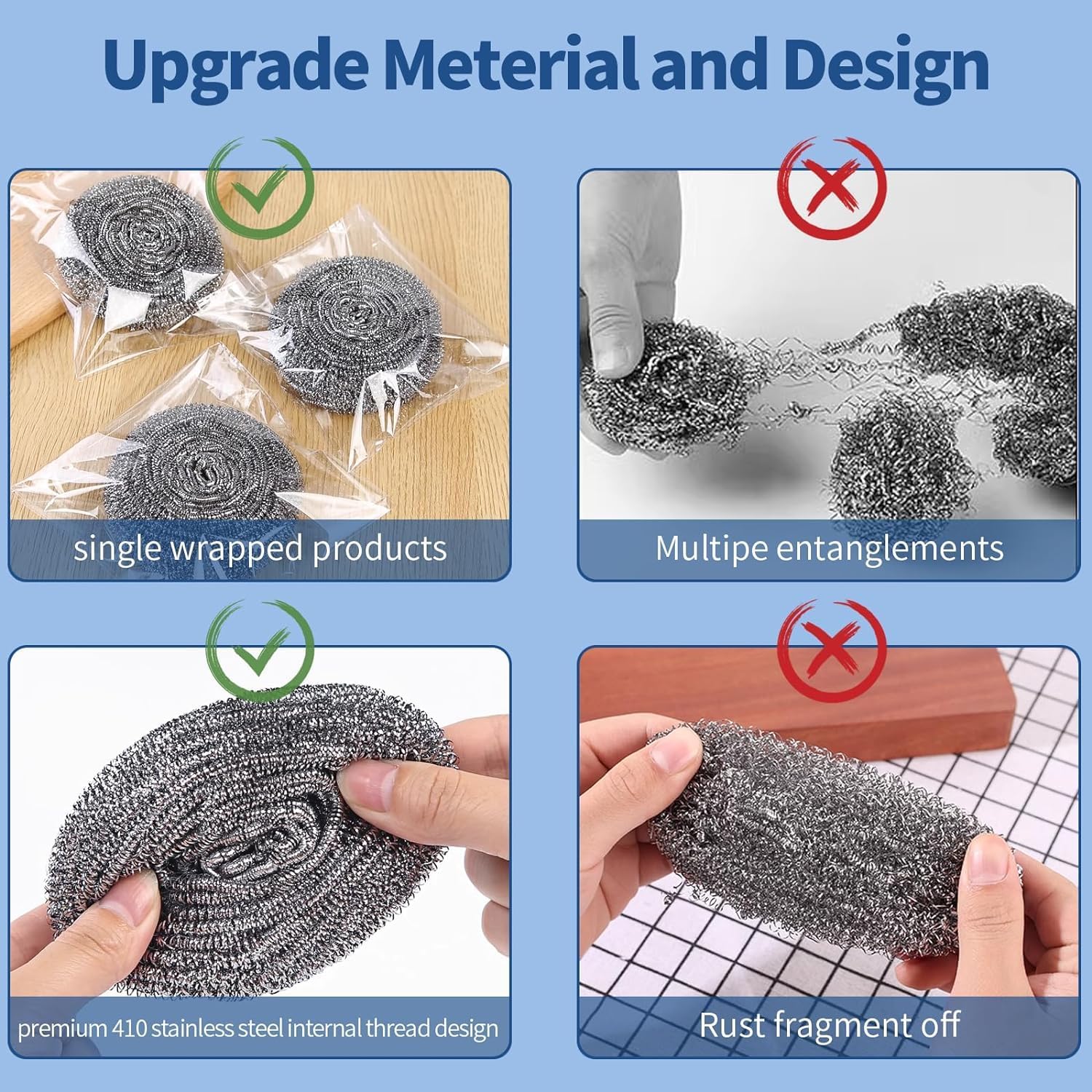 Juego de esponjas de acero inoxidable con 2 asas, depurador de limpieza de metal, bolas reutilizables resistentes para limpieza de cocina, baño,