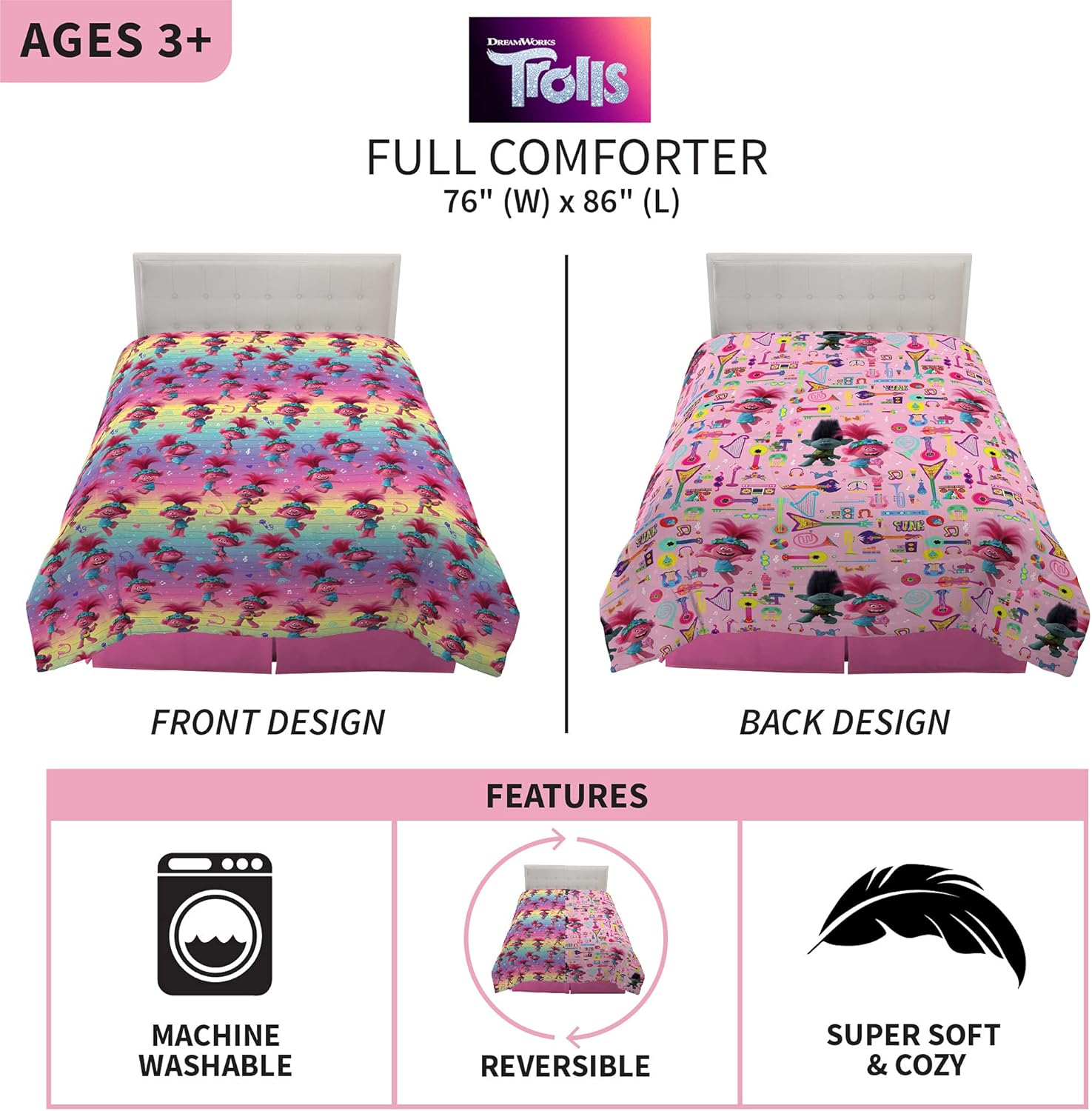 Franco Ropa de cama para niños, edredón de microfibra suave, tamaño matrimonial, Trolls World Tour