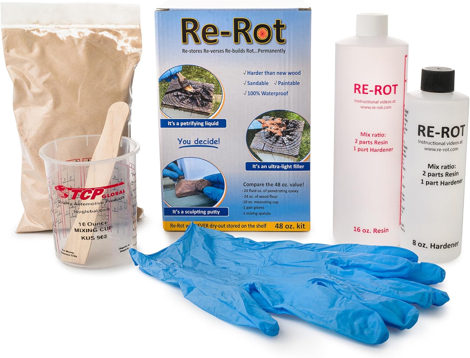 Re-Rot – Kit de reparación de epoxi de madera de 48 onzas, 3 productos en 1, restaura la resistencia estructural a más dura que nueva, reconstruye