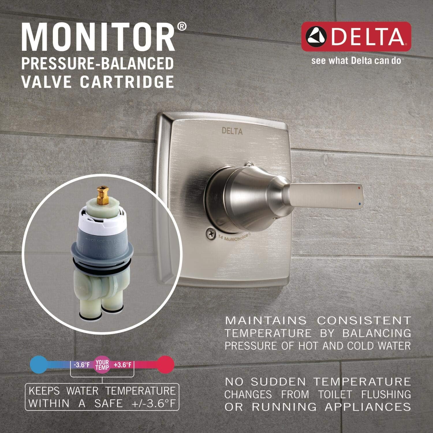 Delta Faucet Geist Serie 14 – Kit de molduras para bañera y ducha, grifo de ducha cromado con cabezal de ducha cromado de un solo rociador, juego de