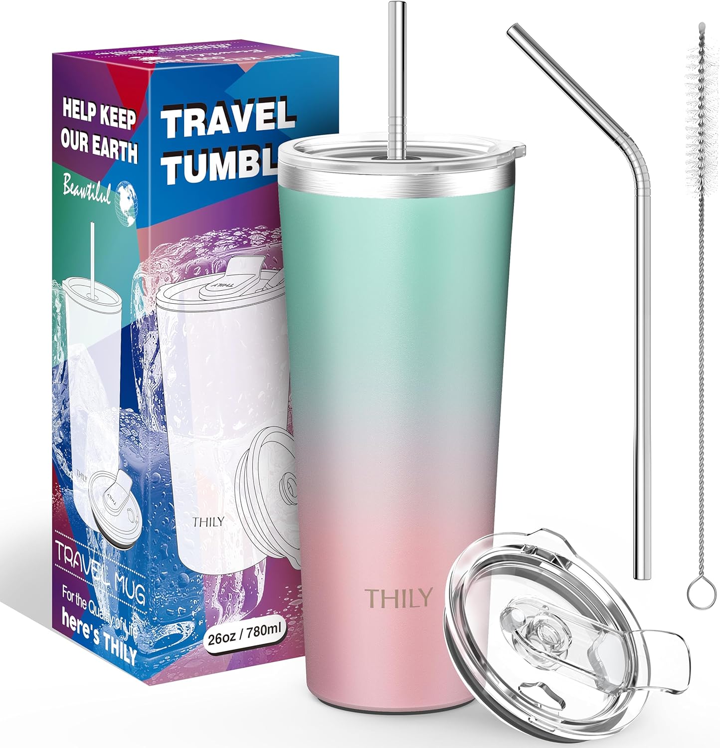 THILY Vaso de viaje de acero inoxidable aislado al vacío, taza de café de 26 onzas con 2 tapas y popotes, a prueba de salpicaduras, mantiene las