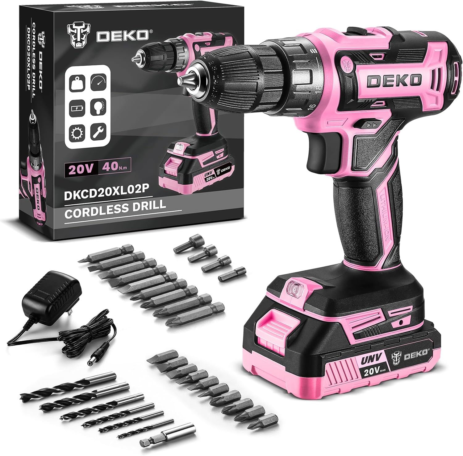 Taladro eléctrico inalámbrico DEKO PRO – Taladro inalámbrico rosa de 20 V, herramienta para mujeres, taladros inalámbricos con batería y cargador,
