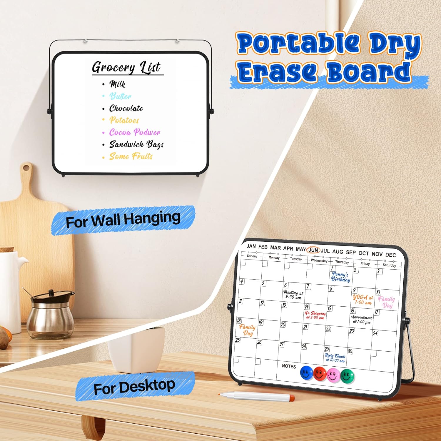 Calendario de borrado en seco pizarra blanca para pared, pizarra blanca magnética de doble cara de 14 x 11 pulgadas con soporte para escritorio,
