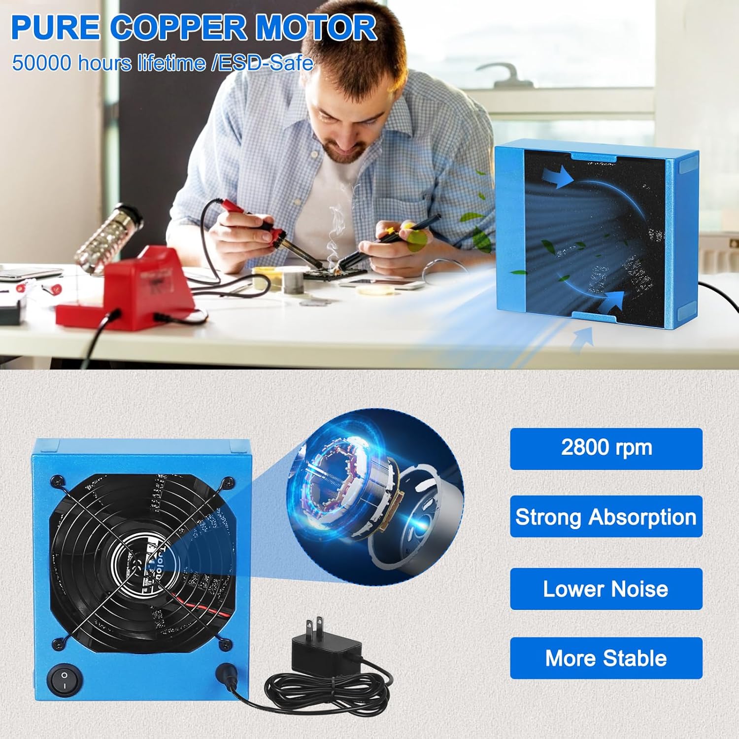 Extractor de humo de soldadura, extractor de humos, absorbente de prevención de humo, ventilador de trabajo de soldadura de 12 V con 5 filtros de