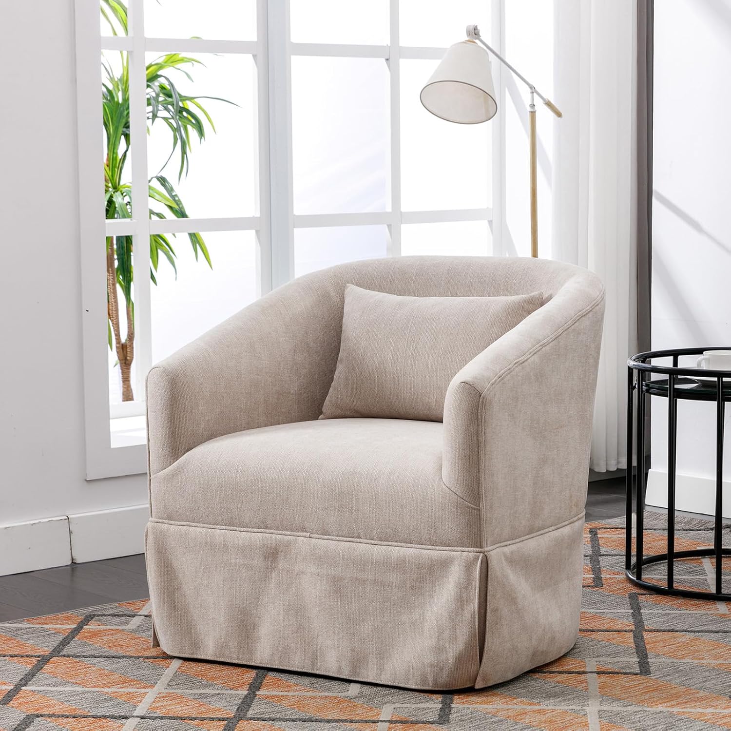 ODUWA Sillón giratorio con acento, tapizado de lino de 360 grados con falda, moderno y cómodo sillón redondo con base de metal y 1 almohada para
