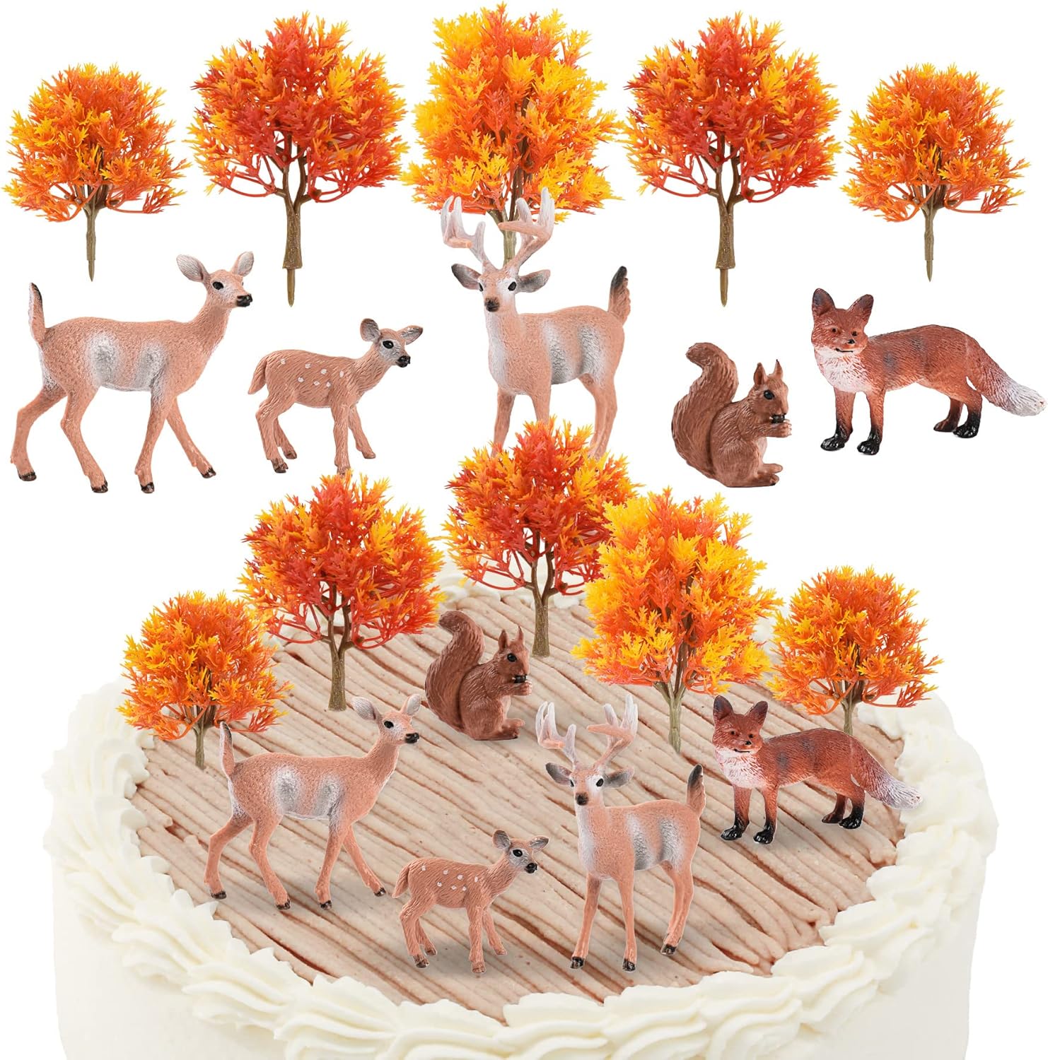 Kit de 10 figuras de animales del bosque, 5 ciervos artificiales de bosque, 5 árboles de arce en miniatura mixtos para decoración de pasteles de