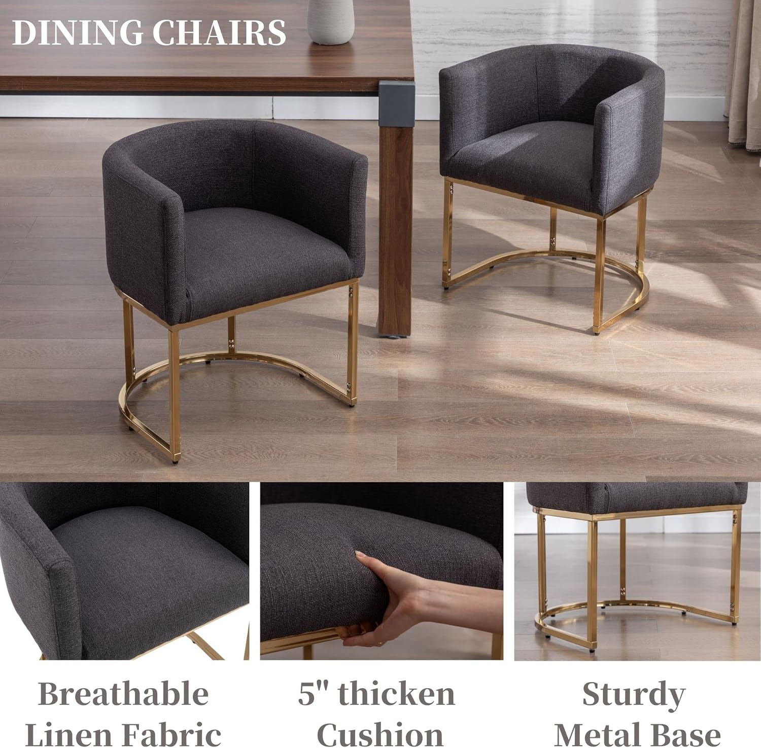 RIVOVA Juego de 2 sillas de comedor modernas de mediados de siglo, sillas tapizadas de lino con respaldo y patas de metal dorado, sillas laterales
