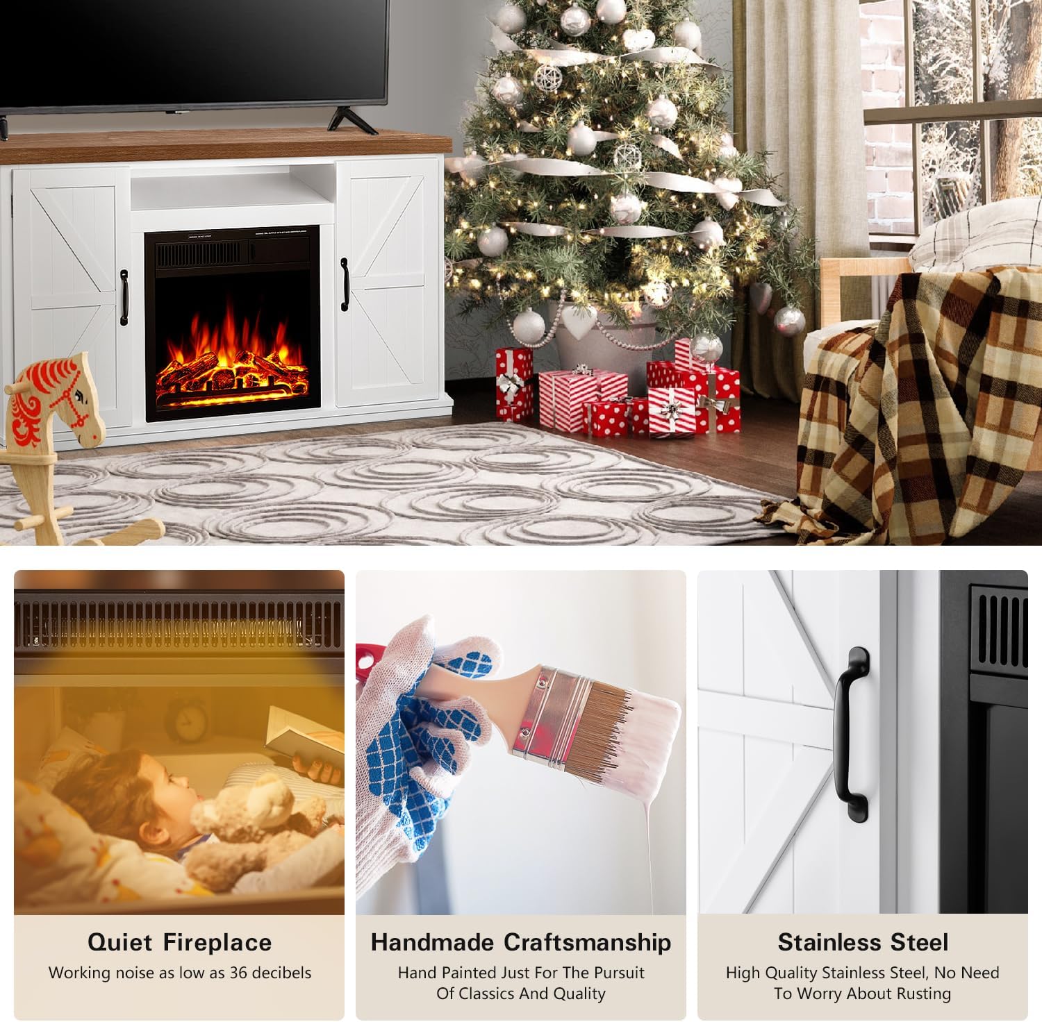 R.W.FLAME Soporte de TV con chimenea para TV de 50 pulgadas, moderno centro de entretenimiento con chimenea eléctrica de 20 pulgadas, consola de TV