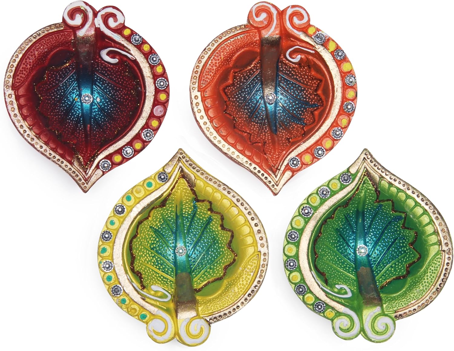 Terracoaat – Juego de 4 hojas multicolor de alta calidad, diseño de hojas de arcilla Diya para Diwali Navratri, decoraciones de aceite, lámpara de