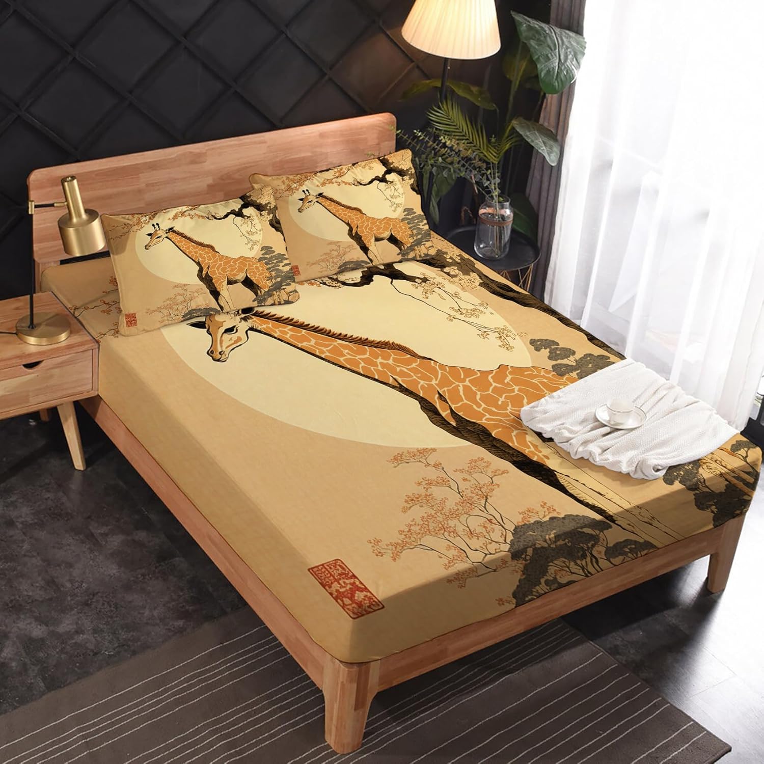zcsm Sábanas de jirafa tamaño Queen  Sábanas de microfibra suave, bolsillo profundo, sábanas y fundas de almohada estampadas sin arrugas, 4 piezas
