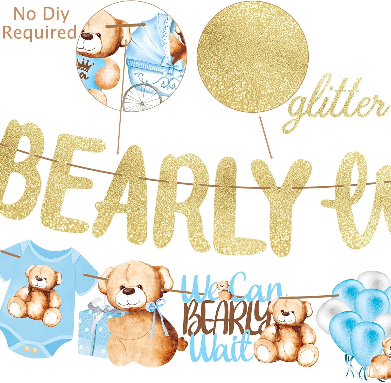 Cartel de oso de peluche para baby shower, 3 unidades, con texto en inglés We Can Bearly Wait Baby Show, decoración de oso de peluche con purpurina