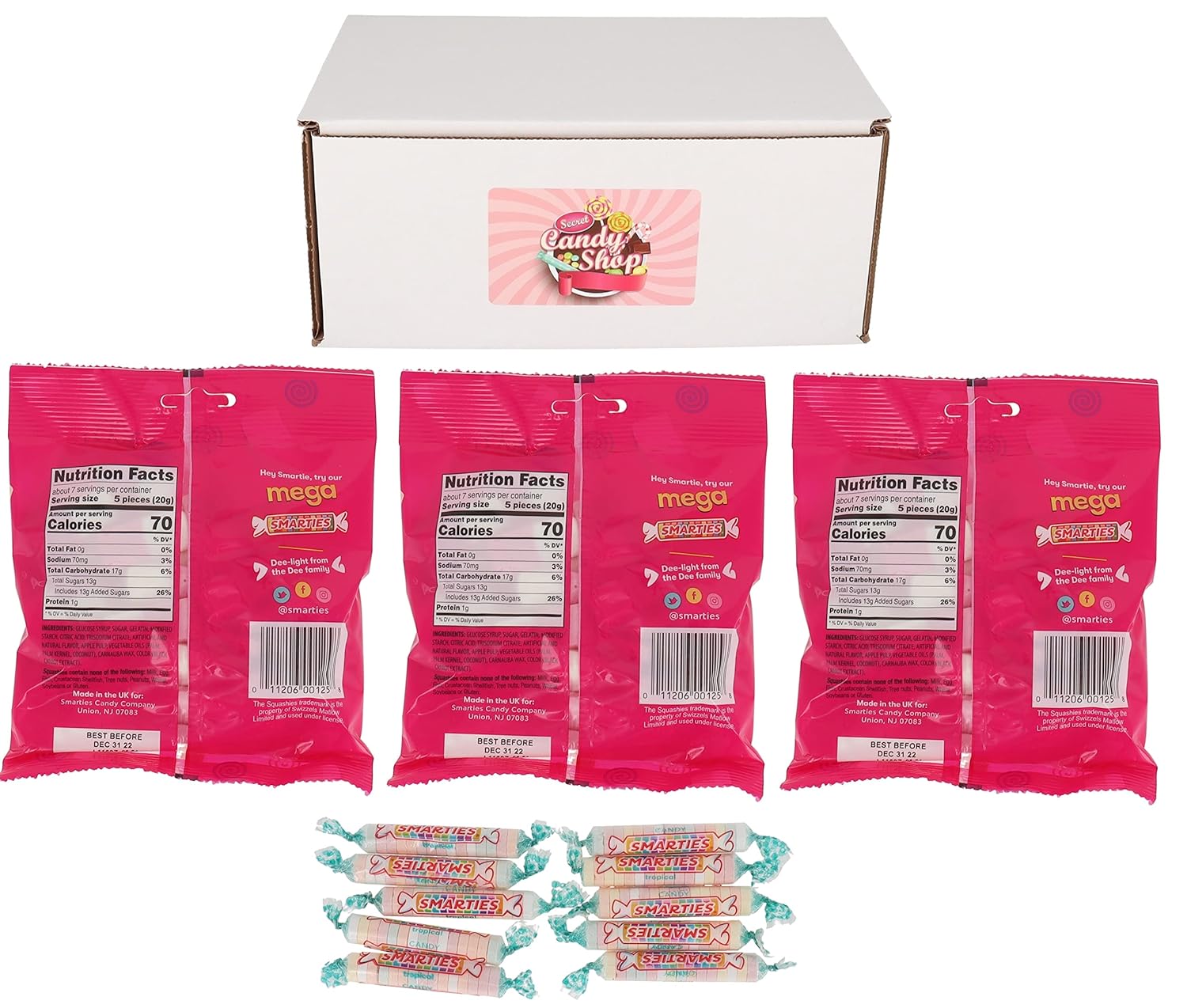 Smartie Squashies – Bolsa de dulces (paquete de 3) + 10 caramelos Smarties gratis