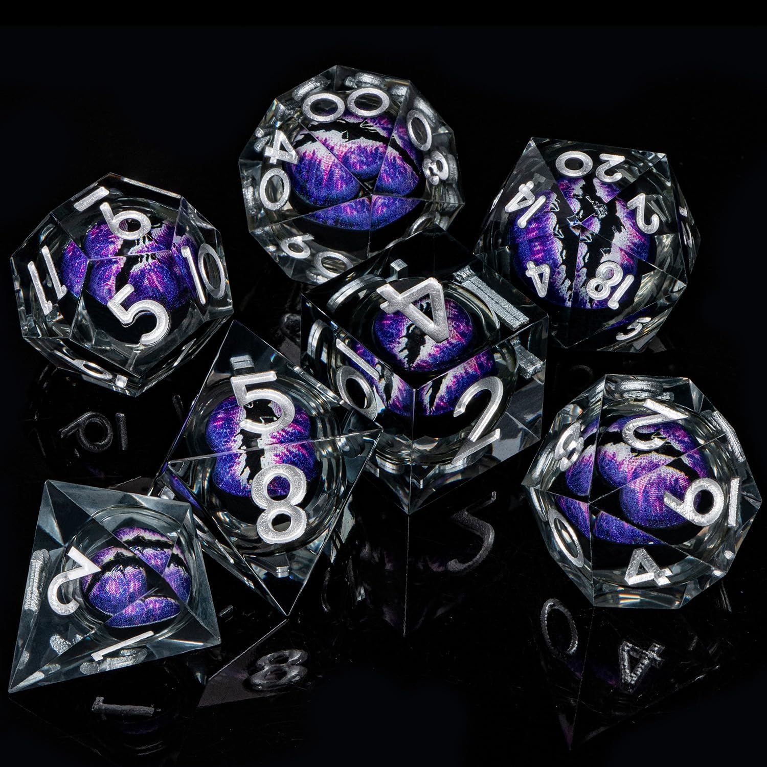 ARUOHHA DND – Juego de dados de resina de ojo de dragón con núcleo líquido, juego de dados de bordes afilados morados con caja de regalo, dados