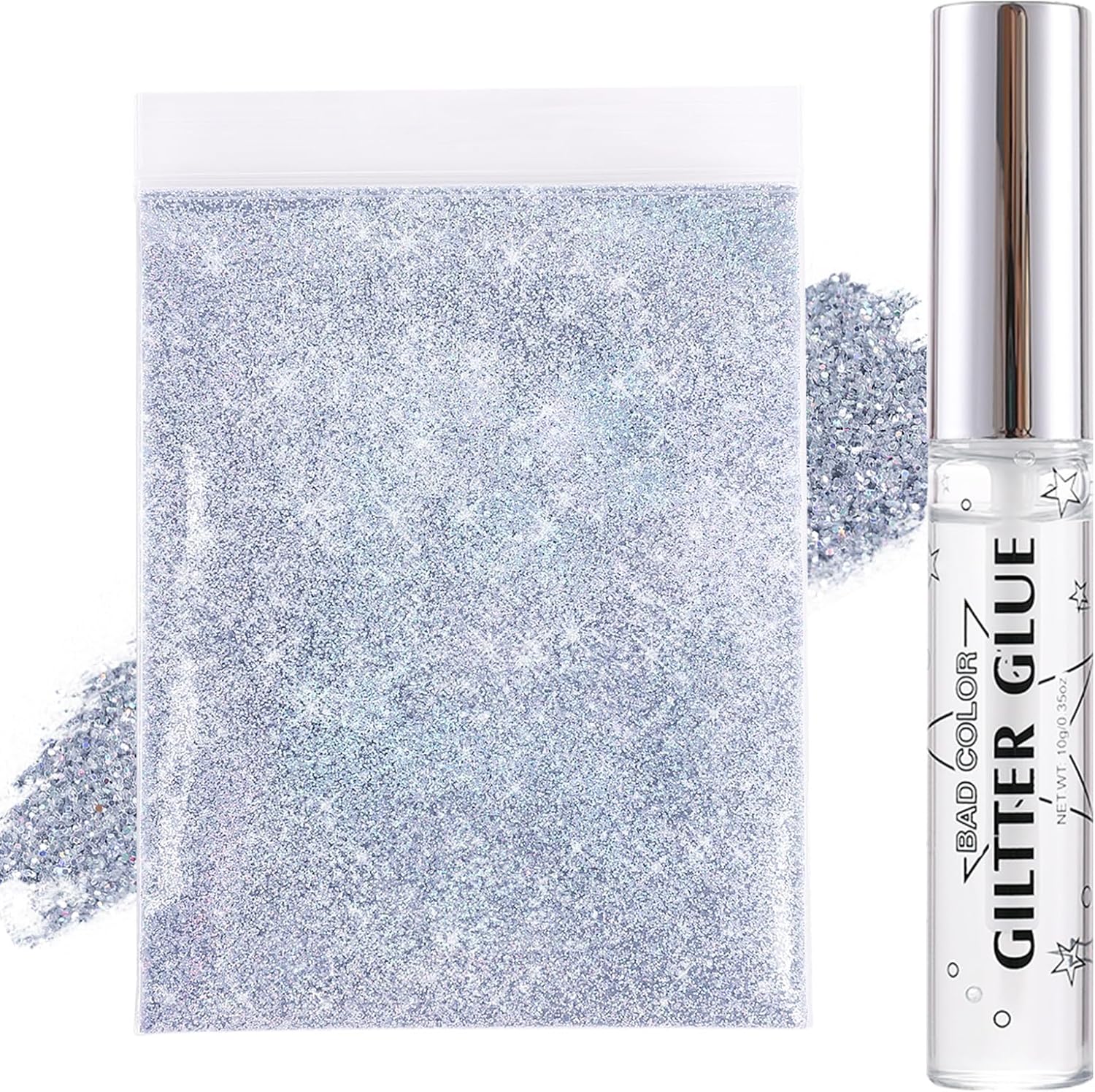 Brillos corporales plateados con pegamento de secado rápido, lentejuelas holográficas brillantes para cara, cabello, maquillaje de ojos, arte de