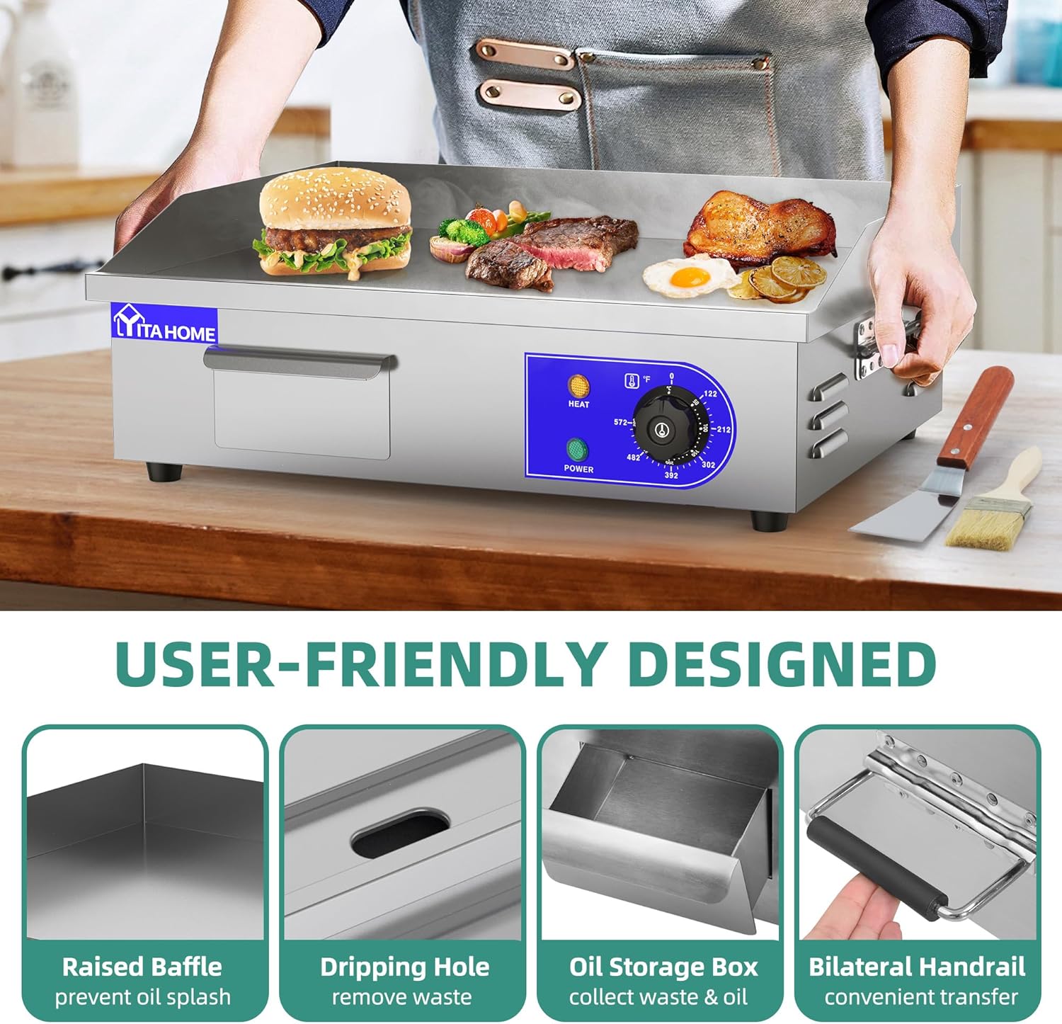 YITAHOME Plancha eléctrica comercial de 22 pulgadas con mango de resorte, plancha comercial de 3000 W, parrilla Teppanyaki antiadherente para