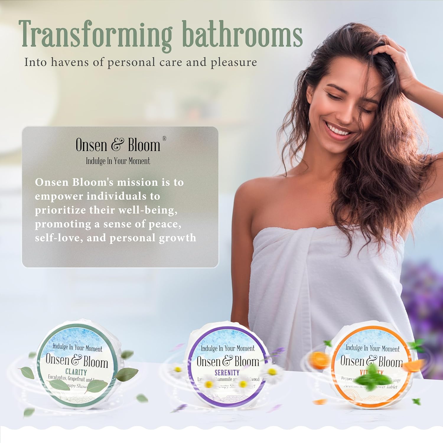 Onsen & Bloom Vaporizadores de ducha  Refrescantes bombas de ducha aromaterapia con aceites esenciales, caja de 6 vaporizadores de ducha, 2 tabletas