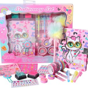 YOYTOO Diario de gato para niñas con cerradura y llaves, juego de papelería de gato con diario, sellos, calcomanías, bolígrafos, diario de YOYTOO Diario de gato para niñas con cerradura y llaves, juego de papelería de gato con diario, sellos, calcomanías, bolígrafos, diario de