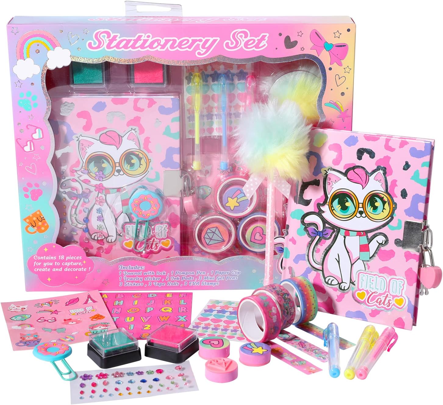 YOYTOO Diario de gato para niñas con cerradura y llaves, juego de papelería de gato con diario, sellos, calcomanías, bolígrafos, diario de