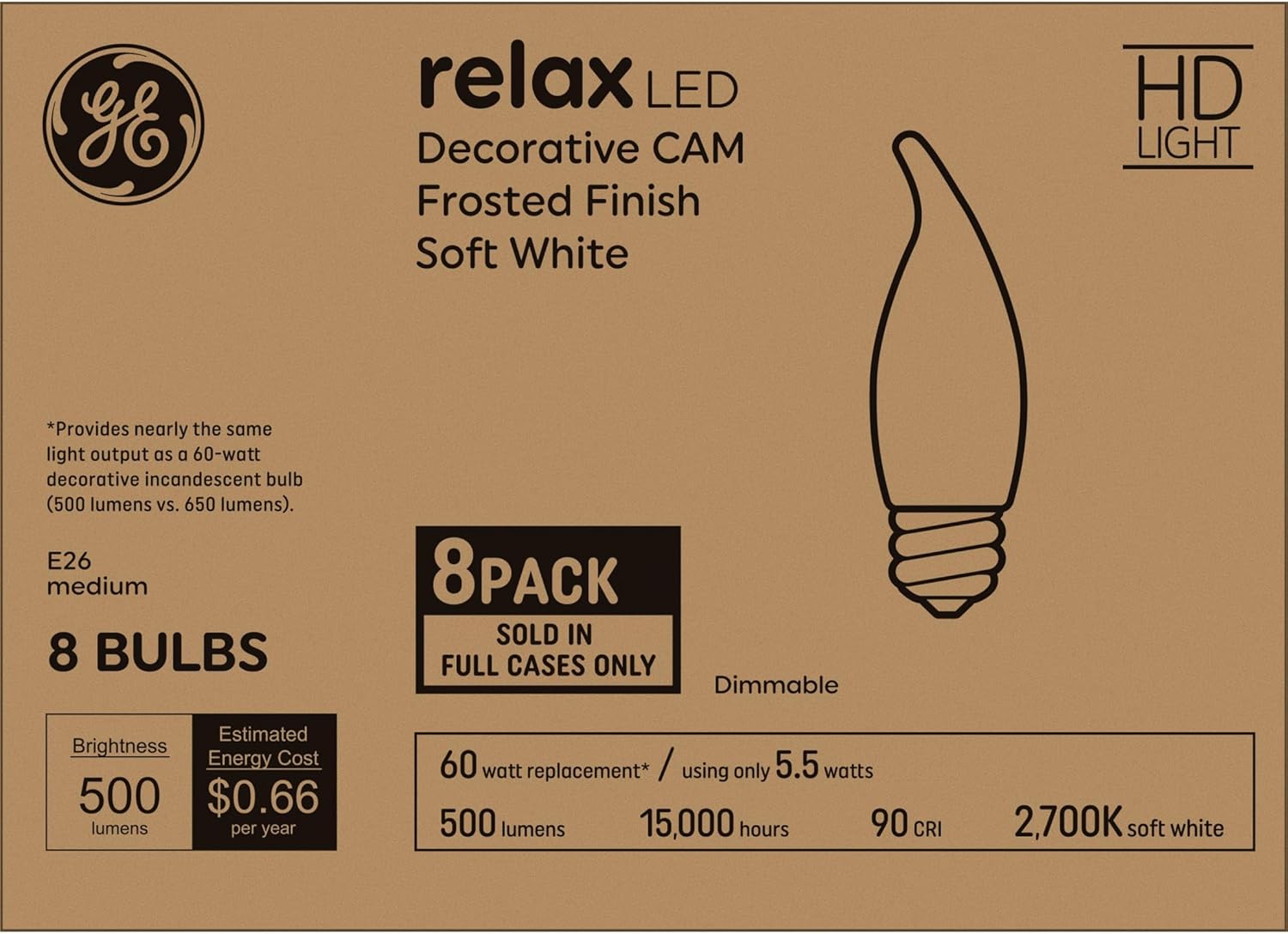 GE Relax – Bombillas LED de 60 vatios, color blanco suave, bombillas decorativas, esmeriladas, base media (paquete de 8)