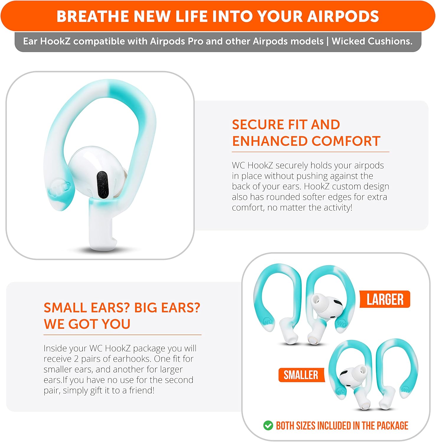 WC HookZ – Ganchos para AirPods Pro 1, 2 y AirPods 1, 2 y 3, dos pares de tamaños incluidos en el paquete, gancho único izquierdo y derecho,