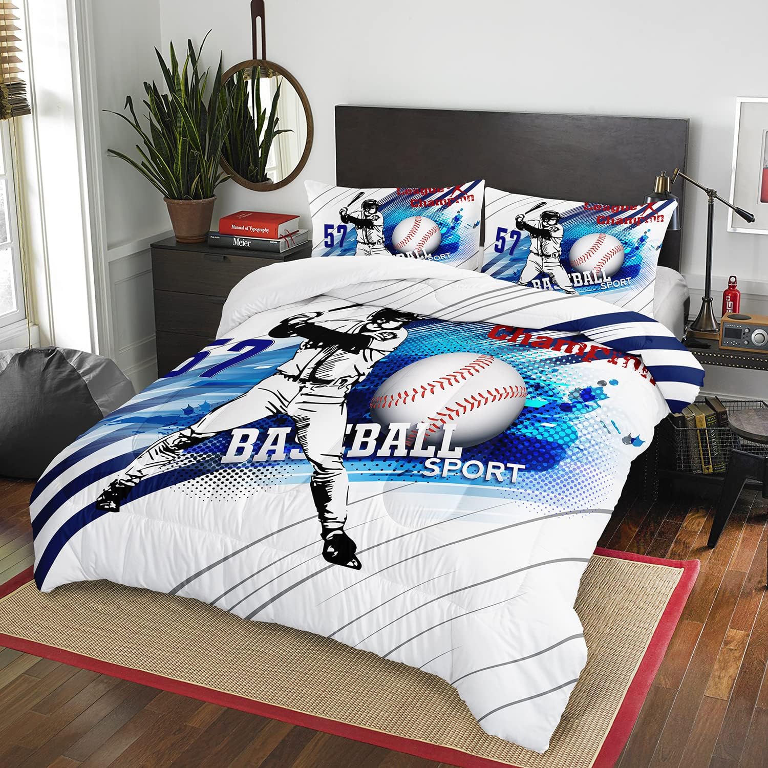 AILONEN Juego de edredón de béisbol tamaño individual, juego de ropa de cama de campeón de la liga de atletas de béisbol, juego de edredón de estilo