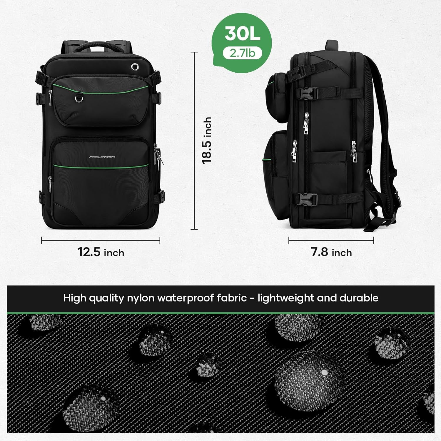 Maelstrom Mochila de viaje para hombres y mujeres, mochila de mano de 35 litros para viajar en avión, con bolsa de cinturón de moda, mochila casual