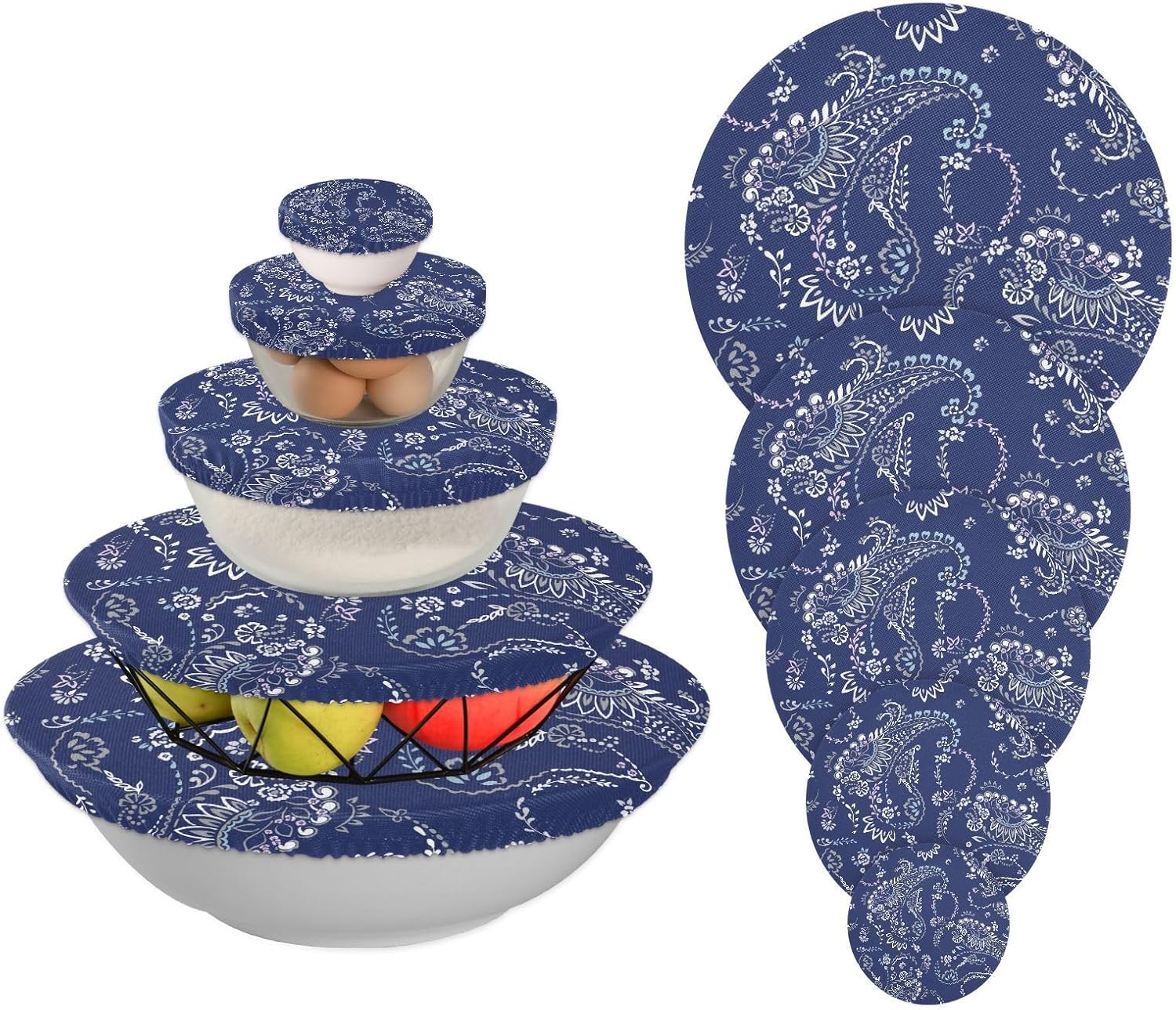 Asian Style 5PCS Reusable Elastic Bowl Covers for Food Storage Stretch Cloth Fabric Lids with 5 Different Sizes Heat Resistant Food Lids for Bread
