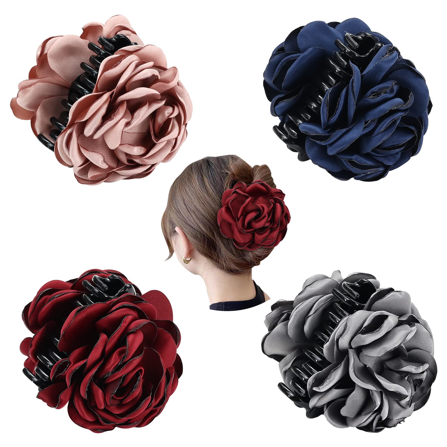Cinaci Paquete de 4 pinzas de plástico negro para el cabello con rosas grandes y grandes, pinzas para moño, accesorios para mujeres y niñas