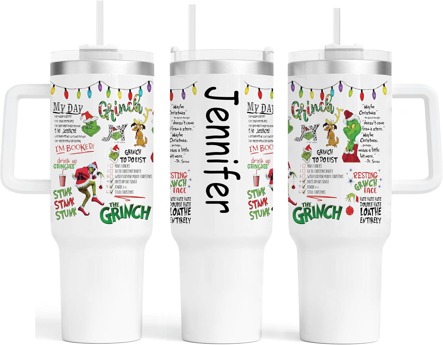 Vaso Grinch  Vaso personalizado de 40 onzas con asa y pajilla, taza aislada de acero inoxidable, taza de viaje, taza de café de doble pared para