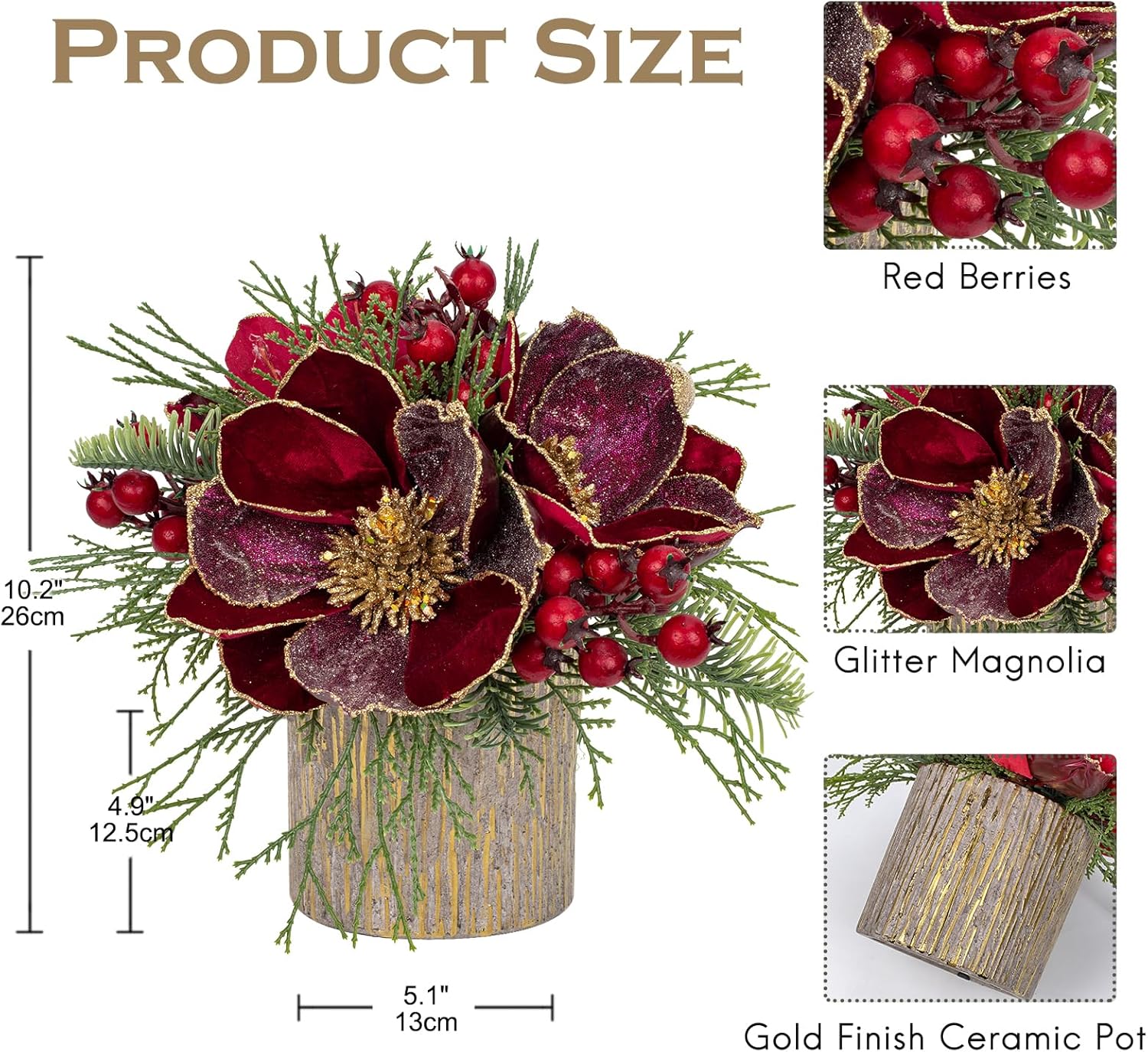 Centro de mesa de Navidad rojo de 12 pulgadas, 5 pulgadas, flor de magnolia con purpurina y bayas rojas, abeto, centro de mesa artificial de Navidad