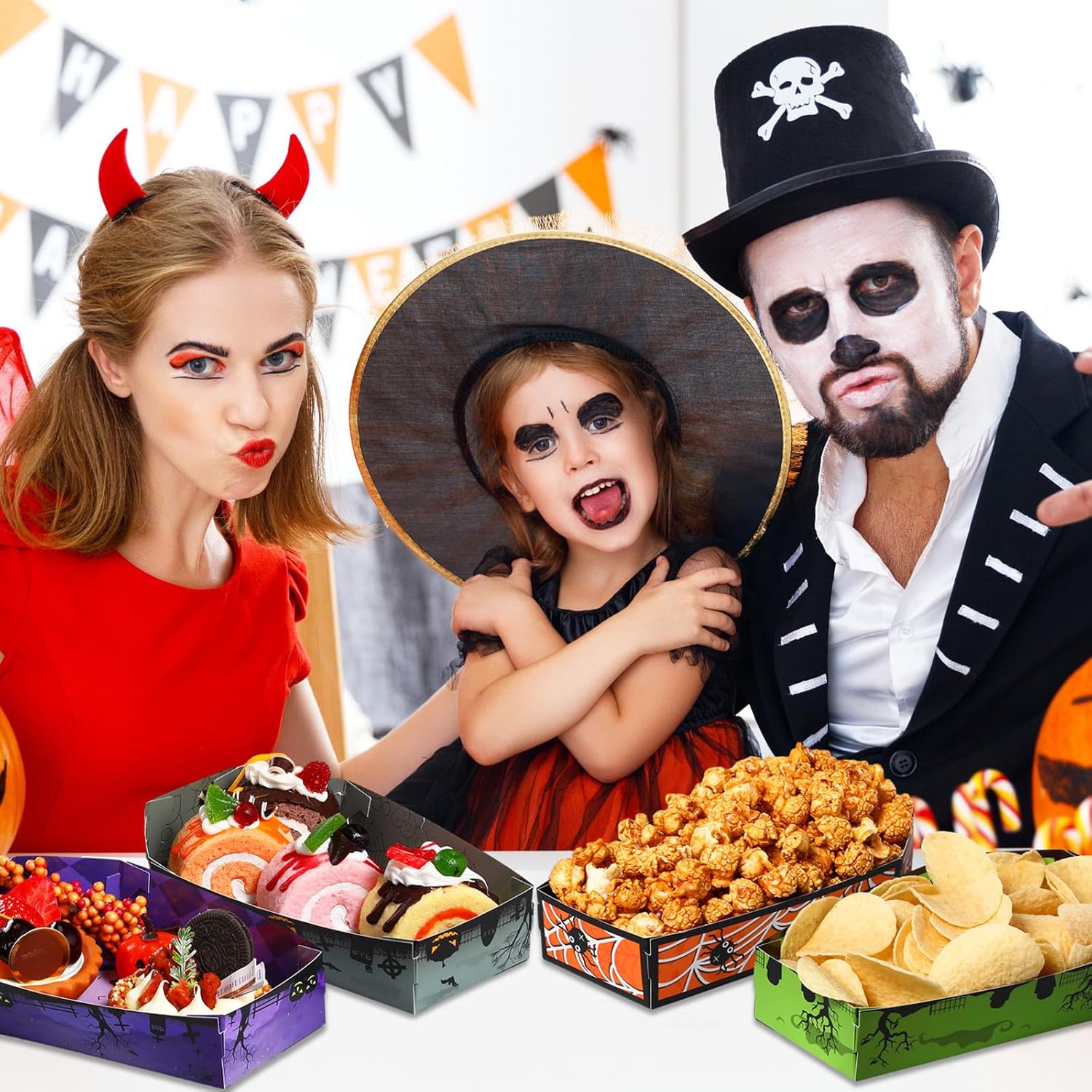 48 bandejas de papel desechables de Halloween para ataúd de Halloween, bandejas para nachos, cesta de servir truco o trato, botes de comida