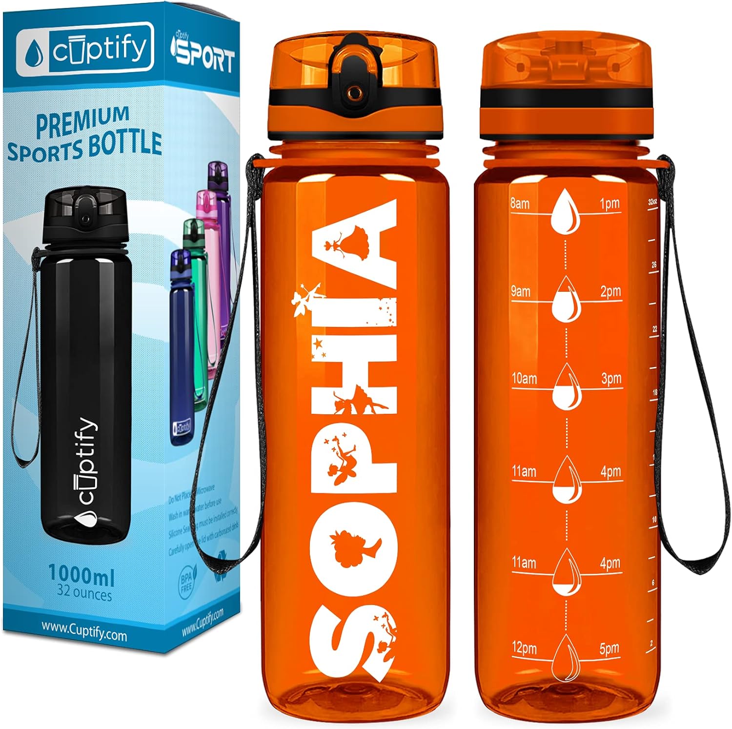 Botella de agua personalizada para niños, naranja brillante, 32 onzas, motivacional, fitness, deportes, con marcador de tiempo, boca ancha, a prueba