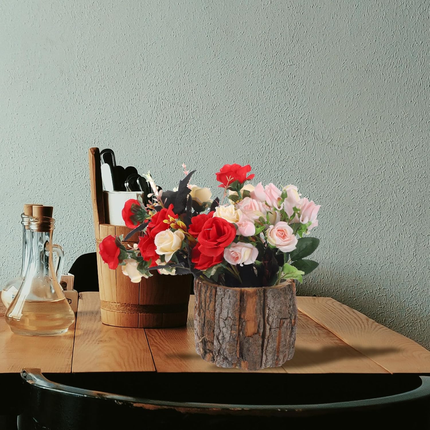 Decoración de porche para exteriores, maceta de tocón de árbol artificial de madera, maceta rústica, florero, contenedor para suculentas de interior