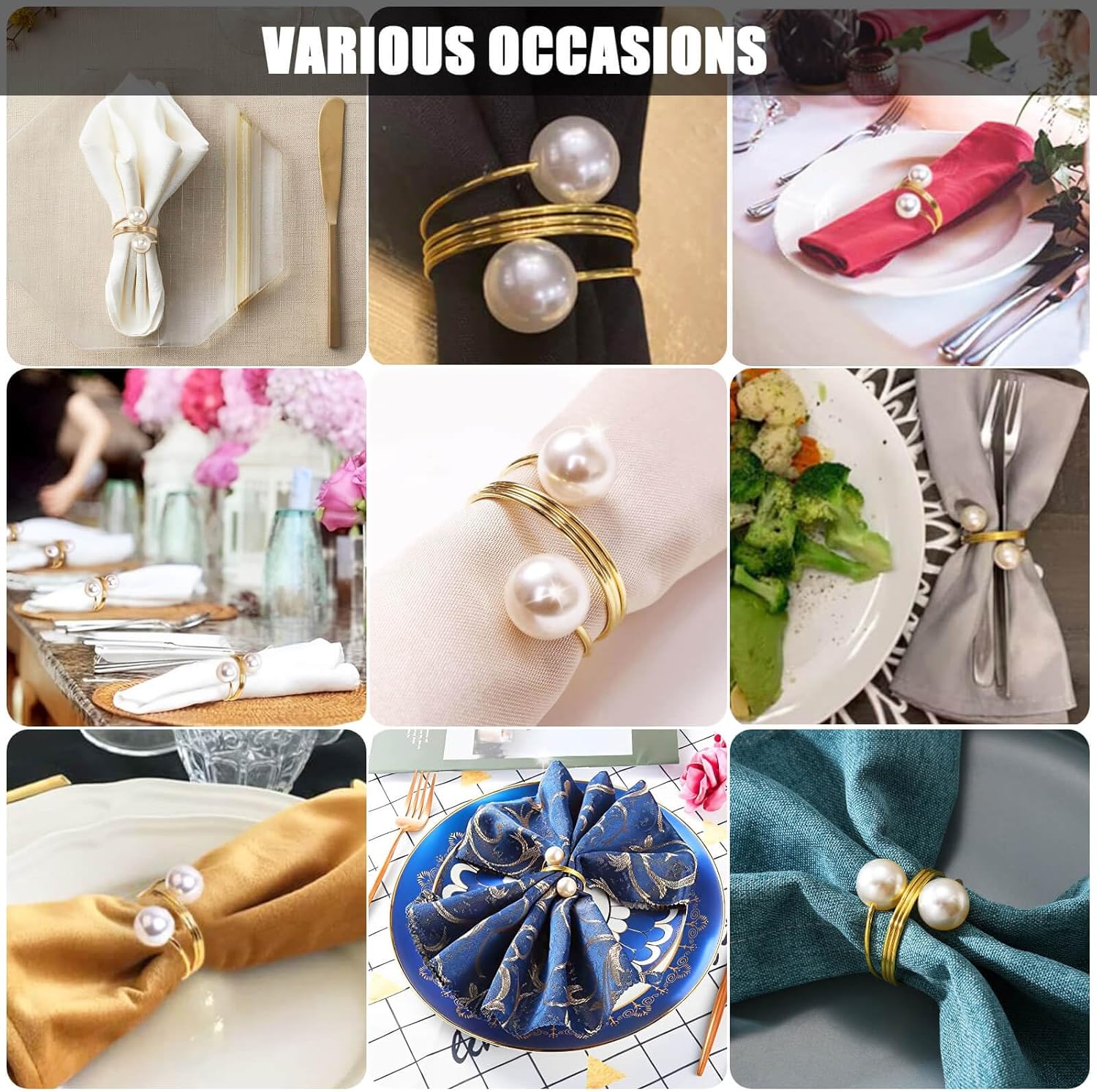 Juego de 8 servilleteros redondos de metal con perlas y hebillas para bodas, cenas, fiestas, cocina, mesa, decoración de cumpleaños, Navidad