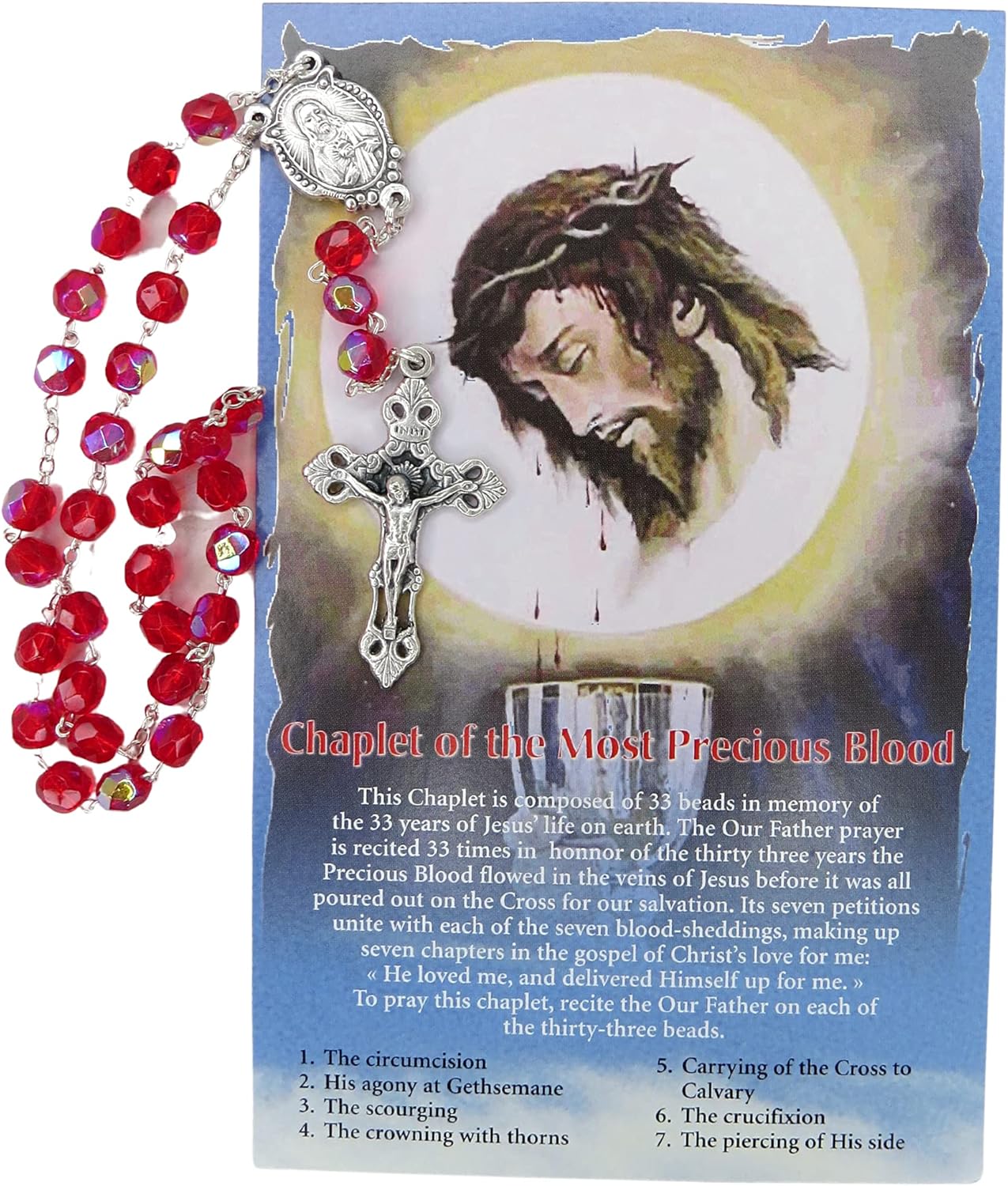 Juego de tarjeta de oración católica y rosario, coronilla de la sangre más preciosa y cuentas rojas con crucifijo en tono plateado y medalla de