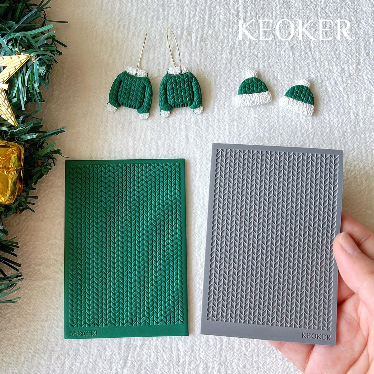 Keoker Hoja de textura de arcilla polimérica para Navidad, tapete de textura de arcilla navideña para hacer aretes, joyas, herramientas de aretes de