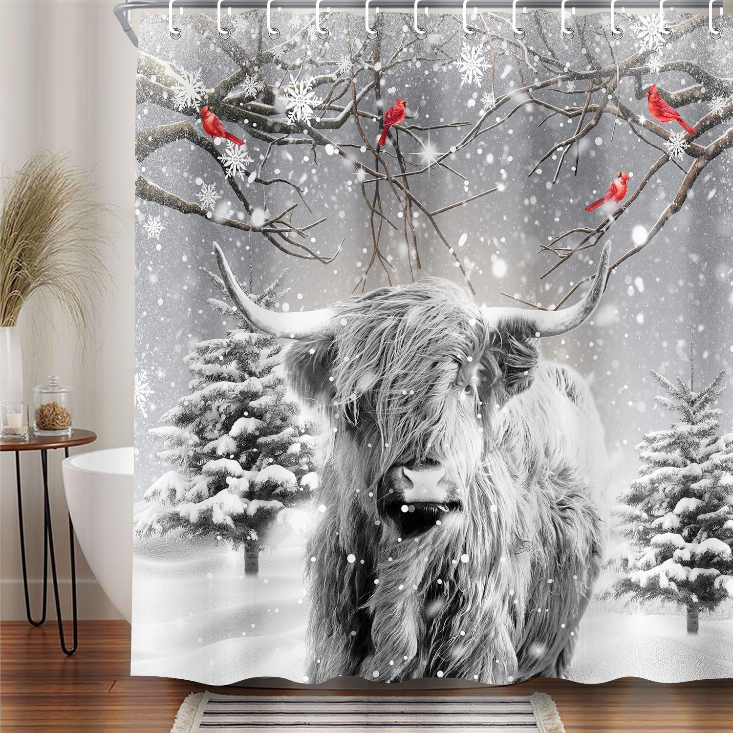 Bcsewcg Juego de cortina de ducha gris de vaca de las montañas navideñas, cortina de ducha divertida de vaca occidental, bosque de invierno, nieve,