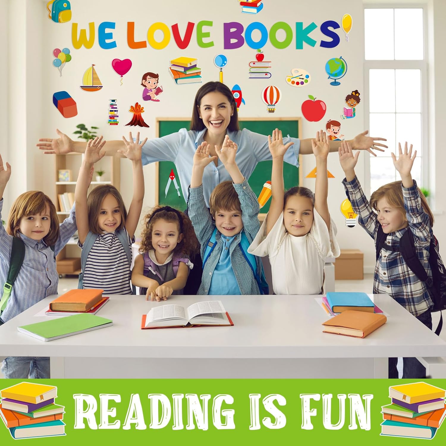 Juego de 66 tablones de anuncios de lectura, tablero de anuncios de lectura, recortes de libros, arco iris, decoración de tablón de anuncios para el