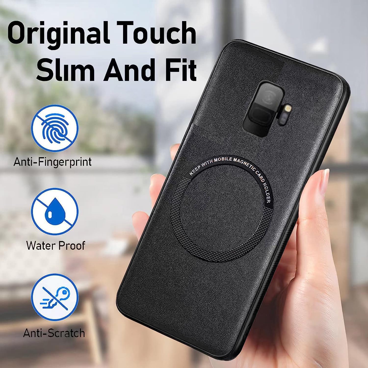 Funda para Samsung Galaxy S9 compatible con Magsafe Anillo de metal, Funda híbrida de TPU de cuero premium – Elegante funda protectora completa