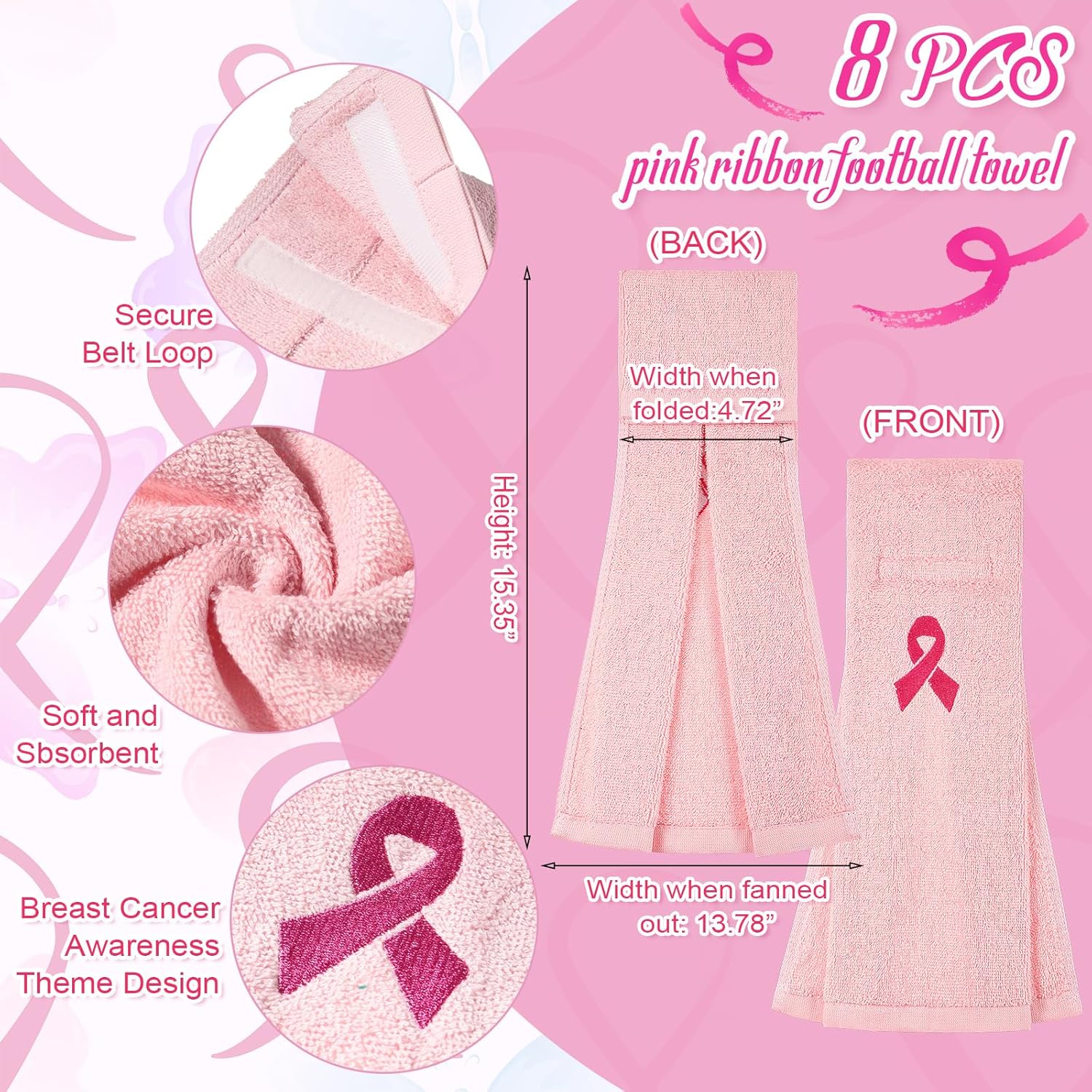 Preboun 8 toallas de fútbol con cinta rosa, toalla de campo de fútbol con cierre, accesorios de fútbol para jóvenes, hombres y mujeres, deportes,